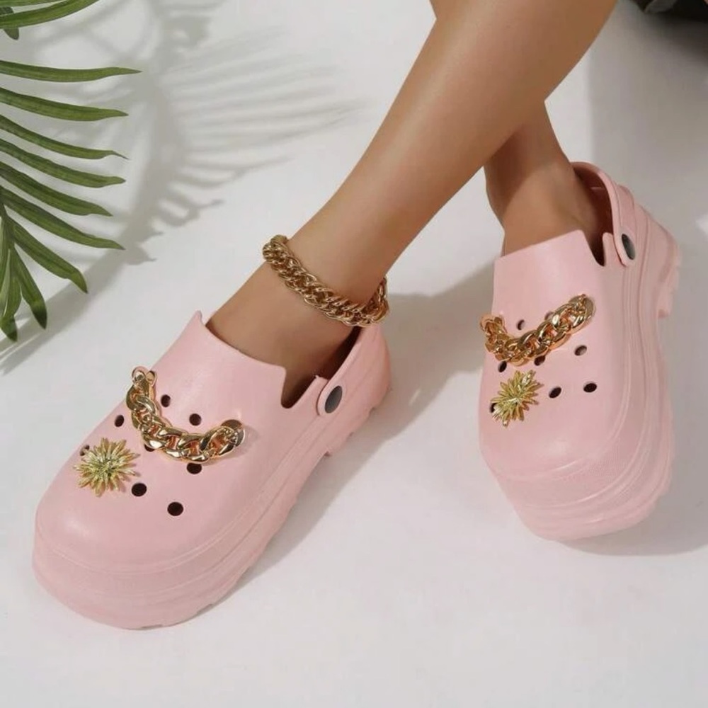 Pink slip on like crocs w/ gold accessories